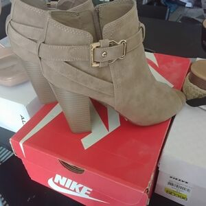 G by Guess Taupe Buckle Suede-Look Ankle Boots